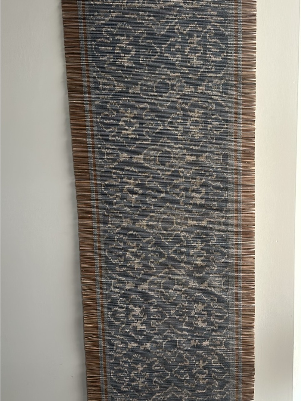 Handwoven Decorative Runner in Blue and Cream with Fringe